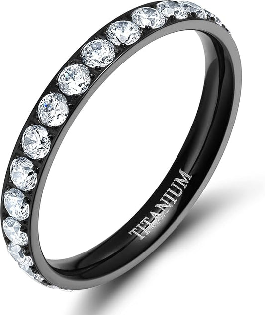 TIGRADE 3mm Women Titanium Engagement Ring Cubic Zirconia Eternity Wedding Band Size 3-13.5