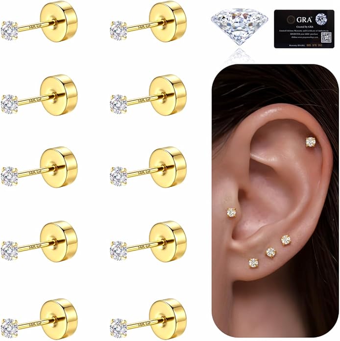 GEMQUEEN 5 Pairs Moissanite Earrings Studs 14K Gold Plated Stainless Steel Flat Back Earring for Women Men - Hypoallergenic Set Cartilage Helix Piercing Jewelry Brilliant Round Cut D Color VVS1 2mm