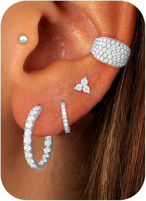 Dainty Big Small Hoop Earrings for Women Huggie Hypoallergenic Silver Gold Flat Back Stud Earrings Set 14K Gold Plated Luxury Cubic Zirconia Ear Cuff Cartilage Earrings for Multiple Piercing Jewelry Gifts for Women 5 Pairs