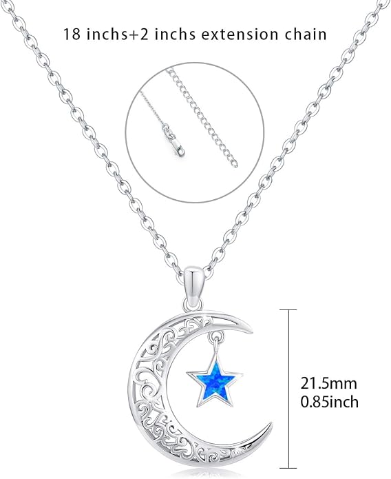 TRISHULA Moon Star Necklace, 925 Sterling Silver Crescent Moon Sun Pendant with Moonstone Crescent Jewelry Gift for Her Sister Birthday Christmas