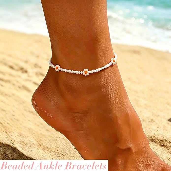 Beaded Chain Ankle Bracelets for Women Waterproof Sunflower Anklets Beachy Vacation Foot Jewelry Gifts