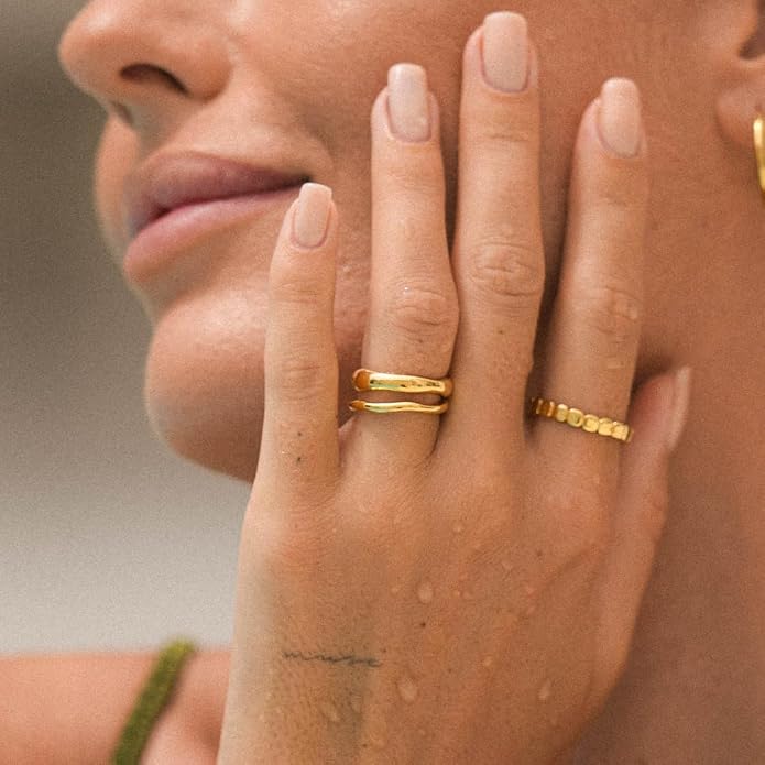 Gold Rings for Women Men Non Tarnish, Waterproof Chunky 14K Gold Plated Dainty Stackable Rings Trendy Statement Pinky Thumb Rings Engagement Eternity Wedding Band Ring Stacking Gold Jewelry Size 3 4 5 6 7 8 9 10 11