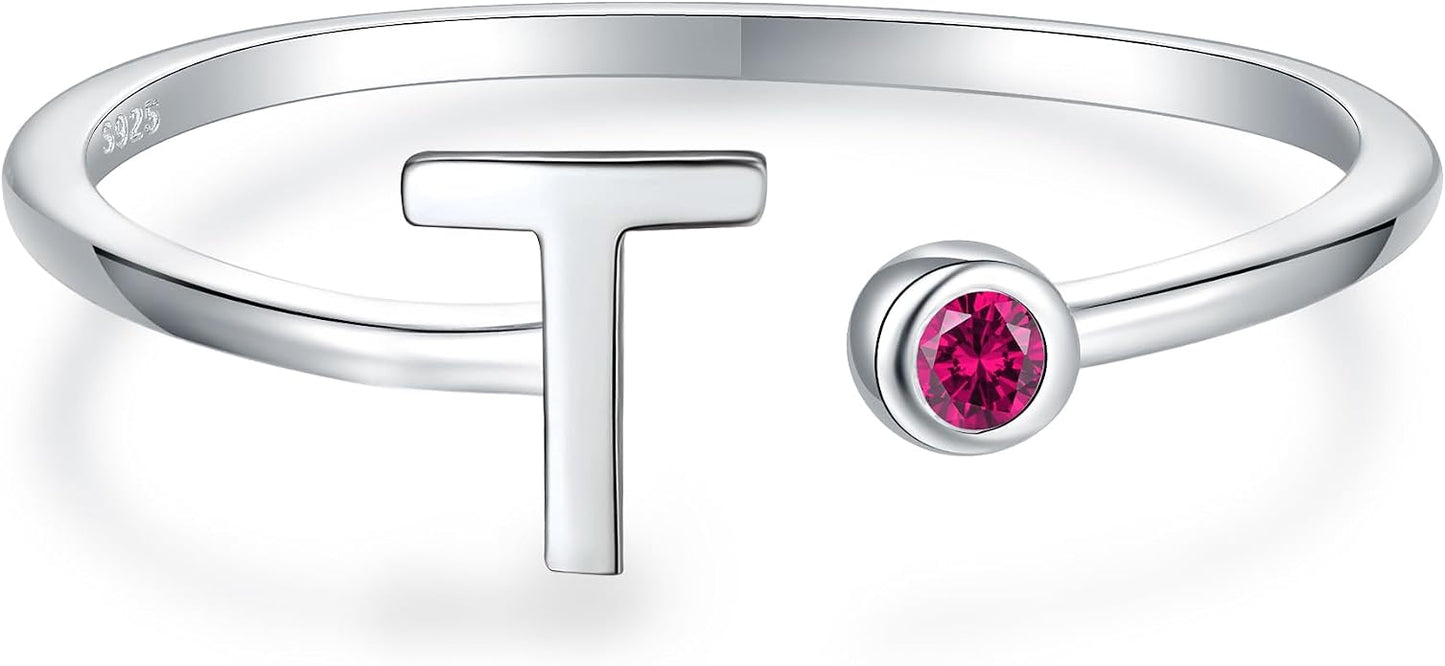 925 Sterling Silver Initial Letter Birthstone Rings for Women Adjustable 1-12 Month Birthstone Alphabet Stacking Ring for Teens Girls Stackable Birthstone Rings Birthday Jewelry Gift for Daughter Mom
