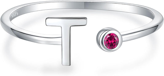 925 Sterling Silver Initial Letter Birthstone Rings for Women Adjustable 1-12 Month Birthstone Alphabet Stacking Ring for Teens Girls Stackable Birthstone Rings Birthday Jewelry Gift for Daughter Mom