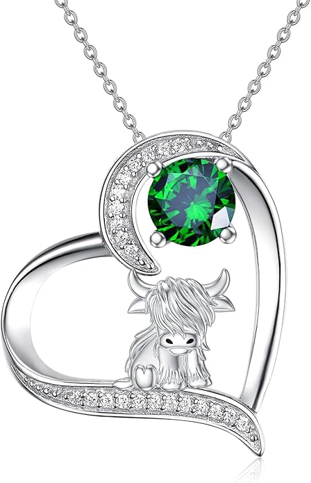 Highland Cow Gifts for Women 925 Sterling Silver Highland Cow Birthstone Necklace Fluffy Cow Jewelry Gifts Birthday Christmas