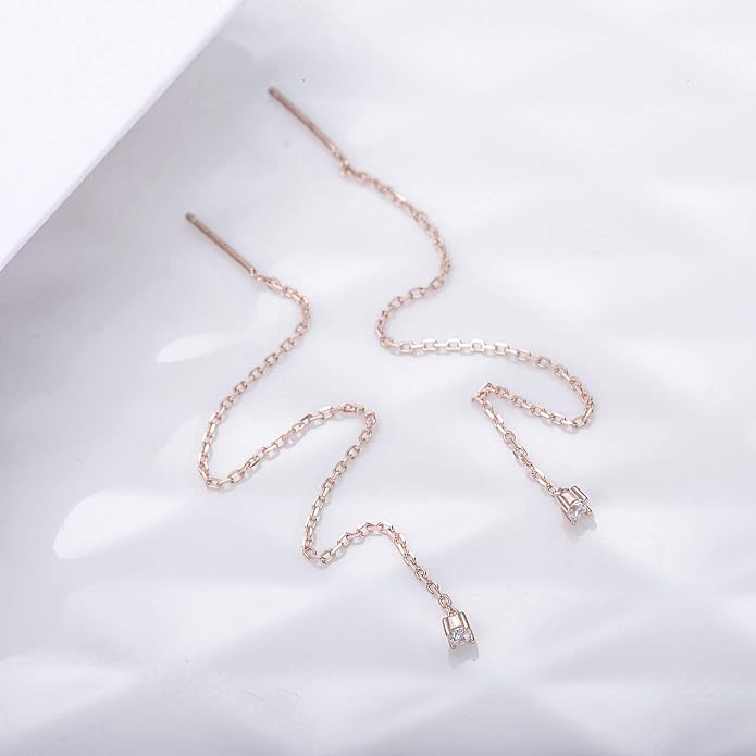 S.Leaf Gold Chain Threader Earrings for Women Trendy 925 Sterling Silver Hypoallergenic Cubic Zirconia Backless Ardant Chain Duster Threader Double Piercing Pull Through Earrings for Women Girls Birthday Gifts