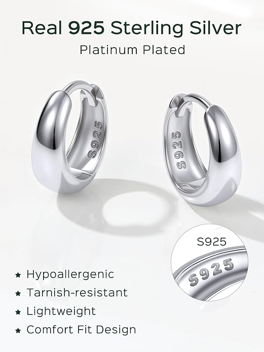 ChicSilver Solid 925 Sterling Silver Chunky Hoop Earrings for Women, Silver Small Thick Huggie Earrings Hypoallergenic Lightweight Silver Hoop Earrings for Sensitive Ears (8/10/12/14mm)