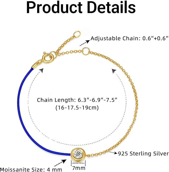 MISS mimi 18K Gold Plated Moissanite Bracelet for Women, 925 Sterling Silver Bezel Set Dainty Cord Jewelry, Adjustable Layering Friendship Gift