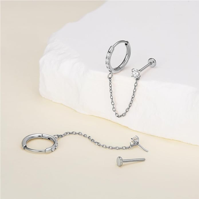 1 Pair ASTM F136 Titanium Double Piercing Dangle Earrings, Cubic Zirconia Dainty Chain Earrings for Helix Conch Earlobe