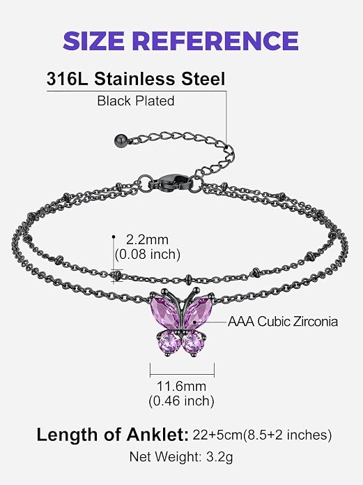Richsteel Double Layer Heart/Butterfly Birthstone Anklet for Women Non Tarnish Waterproof, Silver/Gold/Black Stainless Steel 8.5-10.5 Inch Adjustable Chain Anklets Jewelry Gifts for Her