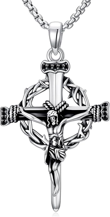 Crown of Thorns Necklace for Men 925 Sterling Silver Nail Cross Necklace Pendant Religious Christian Jewelry Valentines Day Gifts for Men