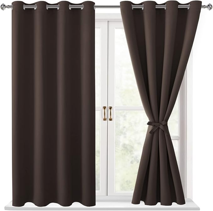 Hiasan Blackout Curtains for Bedroom, 52 x 54 Inches Long - Thermal Insulated & Light Blocking Window Curtains for Living Room, 2 Drape Panels Sewn with Tiebacks, Brown