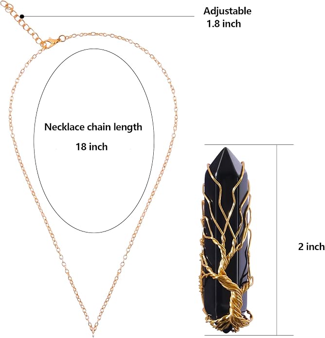 VIBILIA Healing Crystal Necklace Tree of Life Wire Wrapped Natural Stone Point Pendant Necklace Hexagonal Reiki Spiritual Quartz Gemstone Jewelry for Women Men