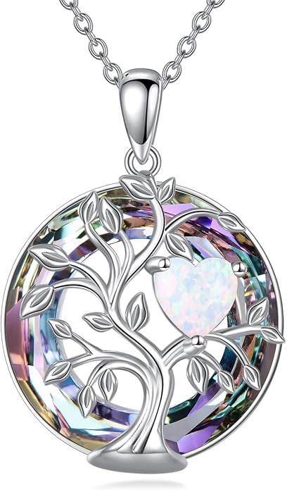Tree Of Life Birthstone Necklace 925 Sterling Silver Crystal Family Tree Pendant Necklaces Heart Birthstone Jewelry For Women Female Anniversary Birthday Gifts
