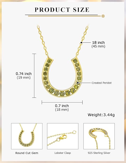 Luck Horseshoe Necklace 14K Gold Plated/Sterling Silver Created Gemstone Pendant with Chain Channel Set U Shaped Charm Necklace Birthstone Jewelry