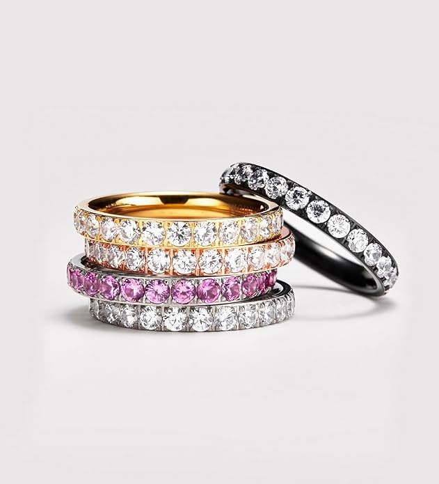 TIGRADE 3mm Women Titanium Engagement Ring Cubic Zirconia Eternity Wedding Band Size 3-13.5