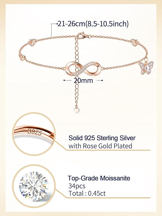 Moissanite Infinity Anklet for Women, Real Authentic 925 Sterling Silver Hypoallergenic, Beautiful Summer Jewelry, Dainty Ankle Bracelet, 8.6-10.6inch (21-26cm) Adjustable