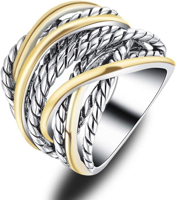 Mytys Wide Band Rings Twisted Rope Ring Two-Tone Mixed Metal Braided Statement Rings Fashion Jewelry for Women