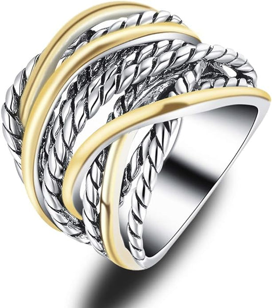 Mytys Wide Band Rings Twisted Rope Ring Two-Tone Mixed Metal Braided Statement Rings Fashion Jewelry for Women
