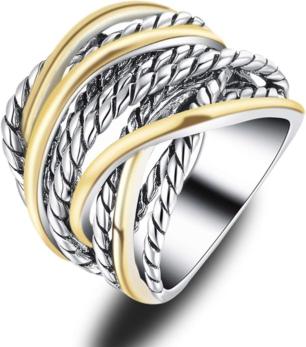 Mytys Wide Band Rings Twisted Rope Ring Two-Tone Mixed Metal Braided Statement Rings Fashion Jewelry for Women