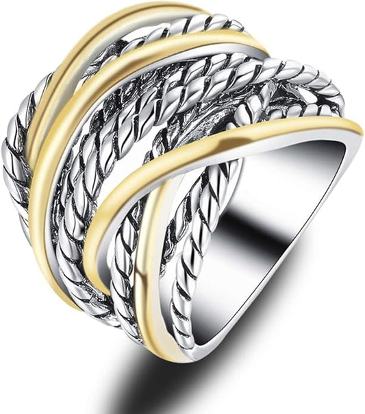 Mytys Wide Band Rings Twisted Rope Ring Two-Tone Mixed Metal Braided Statement Rings Fashion Jewelry for Women