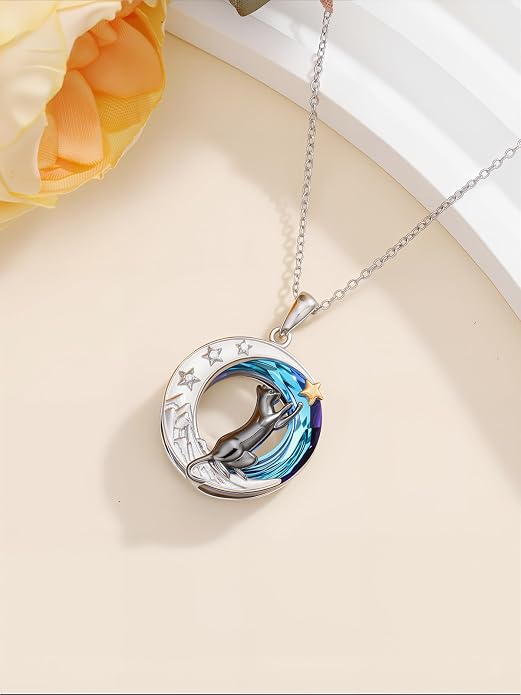 TOUPOP Cat Necklace Gifts for Women Sterling Silver Celtic Mounatin Moon Pendant with Blue Crystal Birthday Christmas Jewelry Gifts for Women