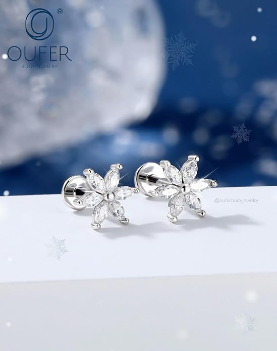 OUFER 16G Flower CZ Internally Threaded Flat Back Helix Stud 925 Sterling Silver 6/8mm Cartilage Tragus Nose Conch Daith Labret Medusa Piercing Jewelry