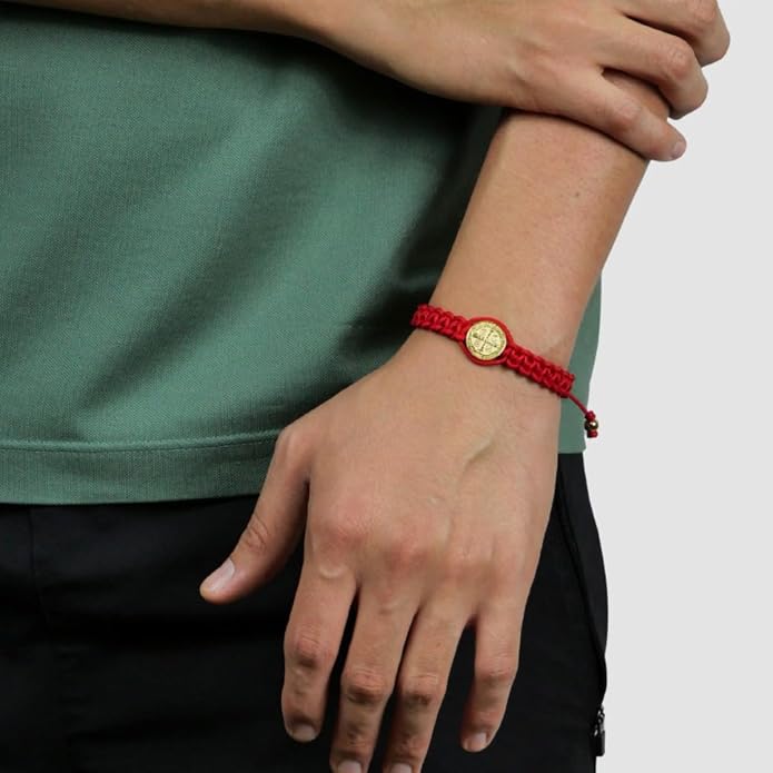 Men’s St. Benedict Red String Bracelet, Adjustable | Protection Against the Evil Eye & Negative Energy | Steel Gold Plated