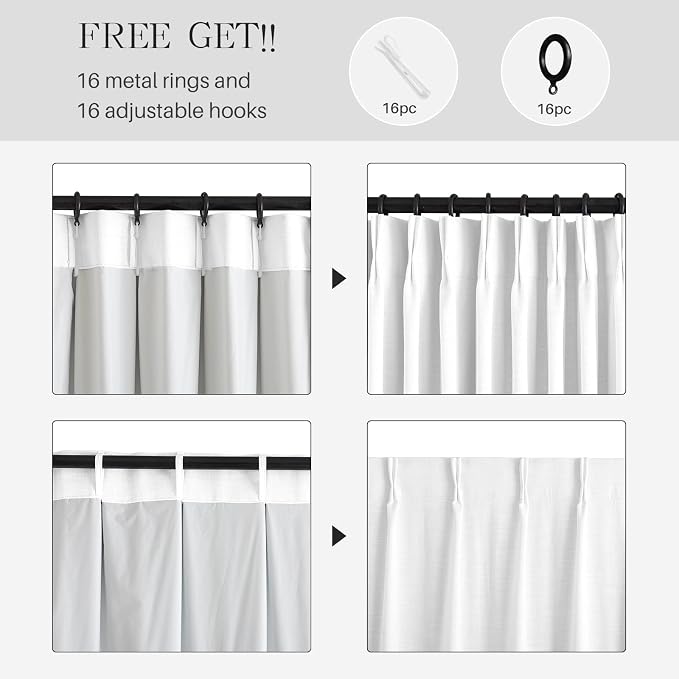 Pinch Pleated Curtains 100% Blackout Linen Curtains 102 Inches Long for Bedroom Living Room, White Memory Trained Thermal Insulated Room Darkening Window Pleat Drapes with Hooks, 2 Panels, 40"Wx102"L