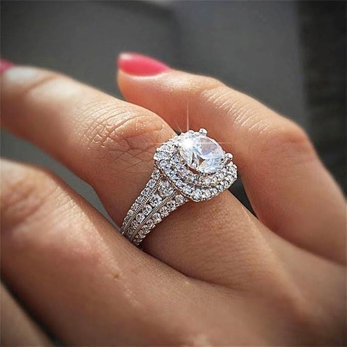 925 Sterling Silver Shiny Full Diamond Ring 18K Gold Cocktail Rings Round Cut Cubic Zirconia Promise Rings CZ Multi Row Diamond Ring Eternity Engagement Wedding Band Ring for Women Z.45 (US Code 10)