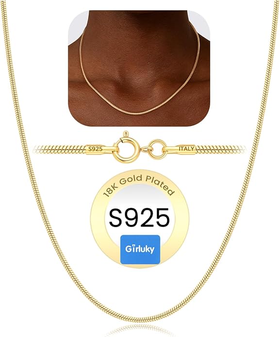 1.5mm Snake Chain 925 Sterling Silver Chain Necklace for Women, 18k Gold Plated Chains for Women Sturdy Women’s Chains Necklace, 16 18 20 22 24 Inch