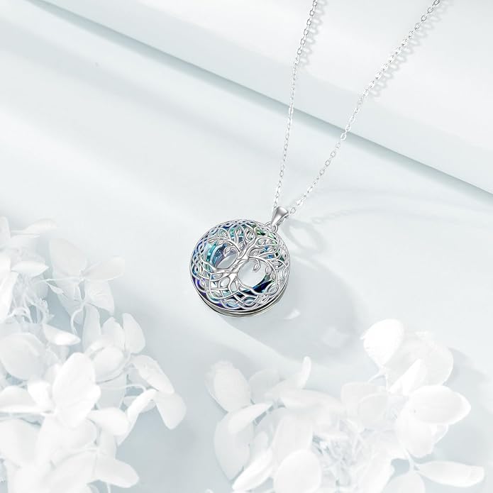 VONALA Tree of Life Necklace 925 Sterling Silver Abalone/Crystal Celtic Knot Family Tree Filigree Pendant Necklace Tree Jewelry Gift Women