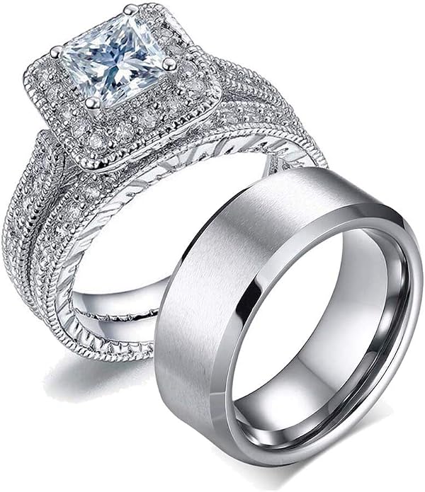 Couple Ring Bridal Set His Hers Women 10k White Gold Filled AAA Cz Men Stainless Steel Wedding Ring Band Set