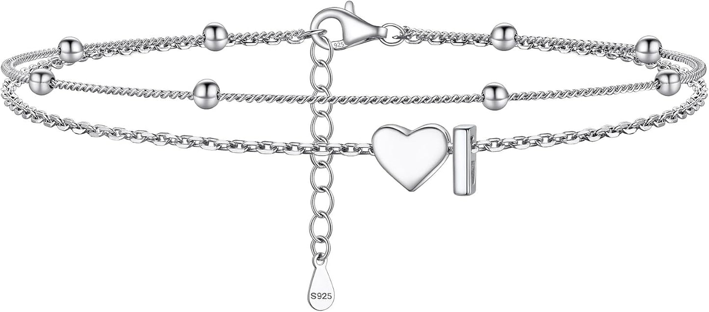 PROSILVER Ankle Bracelets for Women S925 Sterling Silver Anklets for Women Waterproof, Dainty Layered Heart Anklet, Beach Initial Anklet for Summer, Letter A-Z