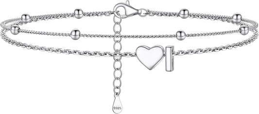 PROSILVER Ankle Bracelets for Women S925 Sterling Silver Anklets for Women Waterproof, Dainty Layered Heart Anklet, Beach Initial Anklet for Summer, Letter A-Z