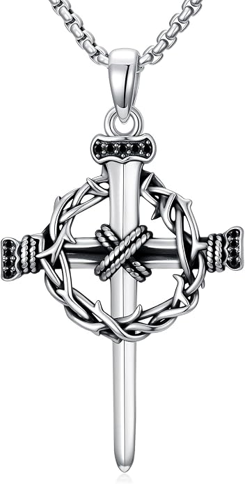 Crown of Thorns Necklace for Men 925 Sterling Silver Nail Cross Necklace Pendant Religious Christian Jewelry Valentines Day Gifts for Men