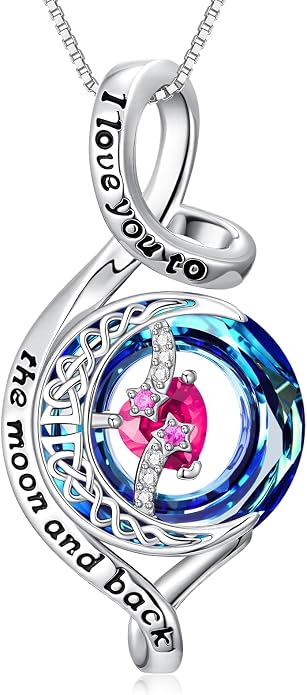 OCJ Birthstone Necklace for Women 925 Sterling Silver Moon and Star Pendant Infinity Celtic Moon Crystal Jewelry Anniversary Birthday Christmas Gift for Her Wife Girlfriend Mom Daughter