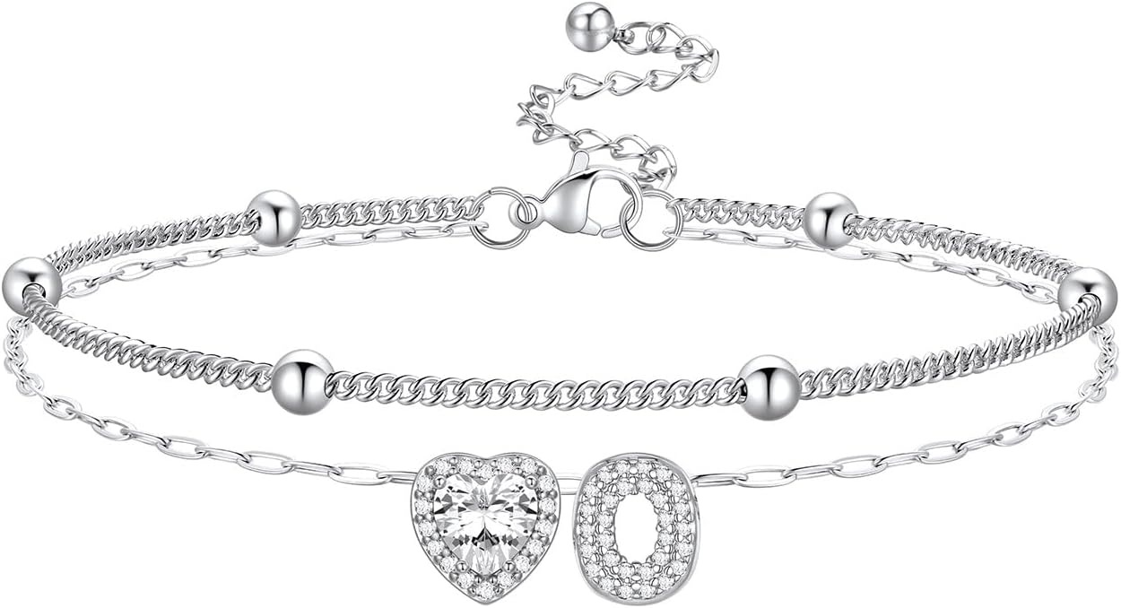 Bestyle Initial Anklet Bracelets for Women Waterproof Non Tarnish 14K Gold/White Gold Plated CZ Anklets for Women Dainty Layered Letter Heart Ankle Bracelets Adjustable Foot Chain Anklet
