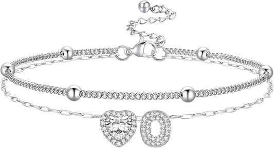 Bestyle Initial Anklet Bracelets for Women Waterproof Non Tarnish 14K Gold/White Gold Plated CZ Anklets for Women Dainty Layered Letter Heart Ankle Bracelets Adjustable Foot Chain Anklet