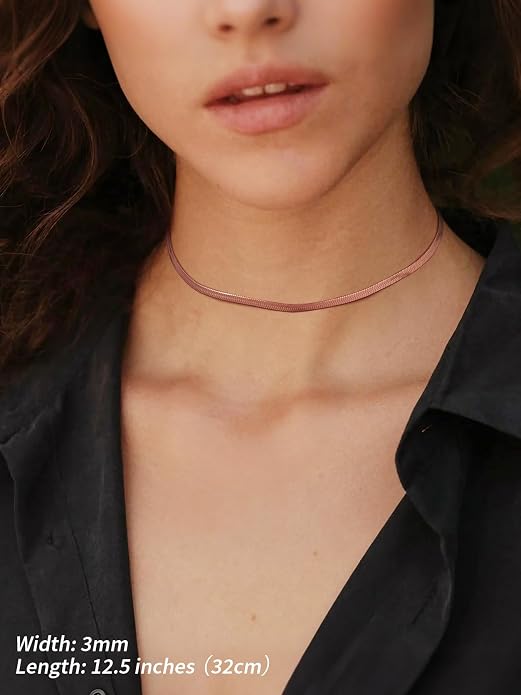 FindChic Black/14K Gold Plated Herringbone Choker Chain Necklace for Women | Waterproof Stainless Steel, Dainty Layering, Flat Snake Chain, Non-Tarnish, Hypoallergenic, Adjustable Extender, Gift Box