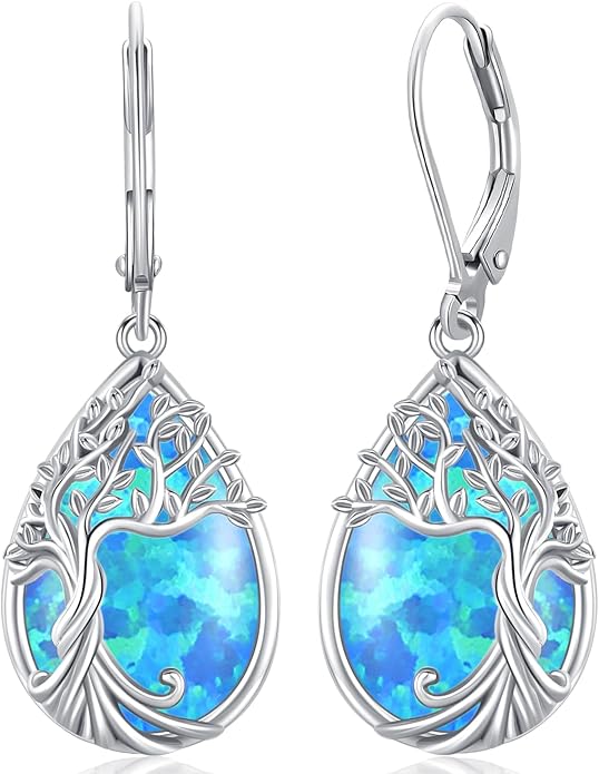 Odinstone 925 Sterling Silver Earrings Tree of Life Teardrop Moonstone Dangle Drop Leverback Earrings for Women
