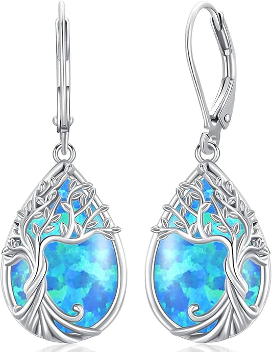 Odinstone 925 Sterling Silver Earrings Tree of Life Teardrop Moonstone Dangle Drop Leverback Earrings for Women