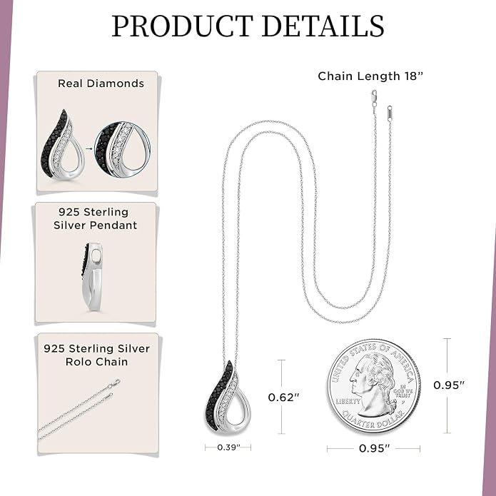 Jewelili Sterling Silver Drop Pendant Necklace | Black and White Round Diamonds | 18" Rolo Chain| Gift Box Included | Timeless Fashion Jewelry