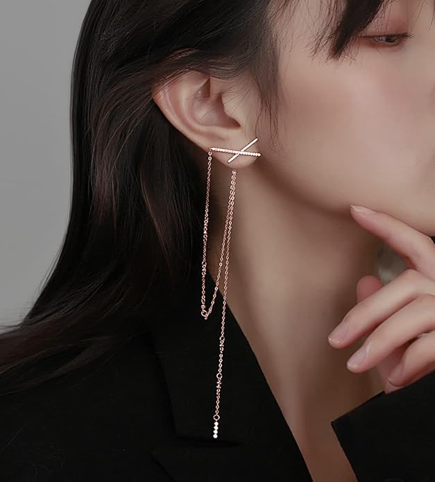 SLUYNZ 925 Sterling Silver CZ Long Dangle Earrings Chain for Women X Long Earrings Tassel 5.9inch