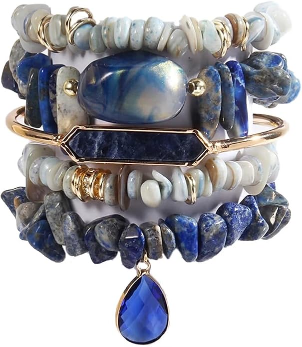 Yomisa 5PCS 6PCS Natural Boho Beaded Bracelets/Bangle for Women Men,Healing Turquoise Jasper Agate Crystal Gemstone Stone Chakra Multilayer Wrap Bohemian Handmade Jewelry Beads Stretch Bracelet Set