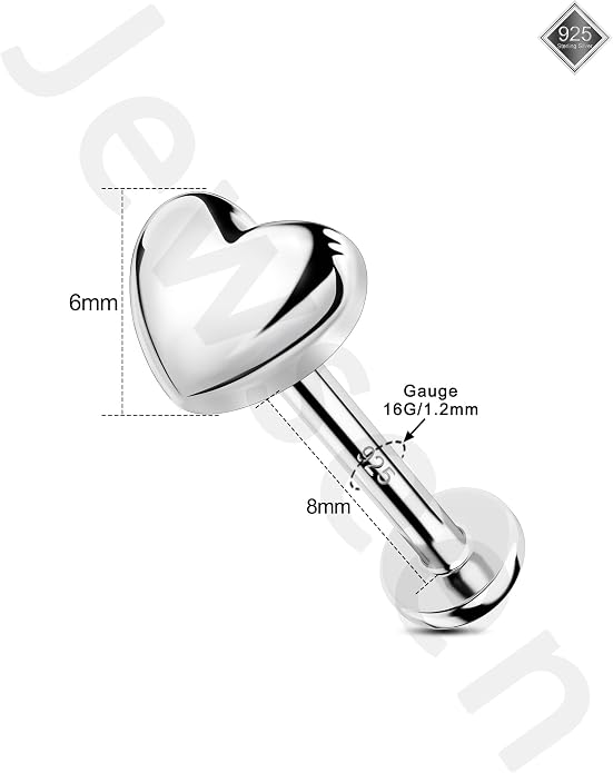 Jewseen 16G Internally Threaded Helix Piercing Jewelry Heart Flat Back Cartilage Stud 925 Sterling Silver Tragus Helix Earrings Heart Nose Lip Piercing Jewelry for Women Men