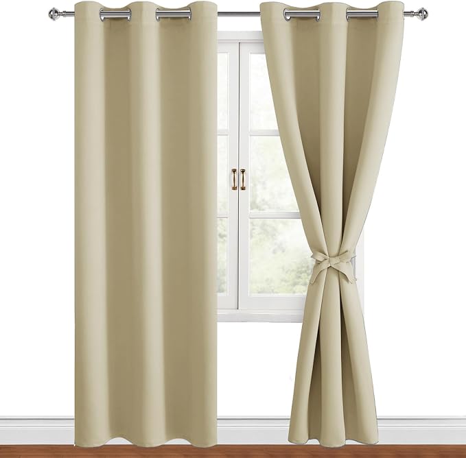 Hiasan Blackout Curtains for Bedroom, 42 x 84 Inches Long - Thermal Insulated & Light Blocking Window Curtains for Living Room, 2 Drape Panels Sewn with Tiebacks, Light Beige