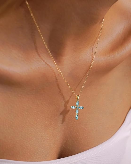 14K Gold Plated 925 Sterling Silver Birthstone Cross Necklace for Women Men