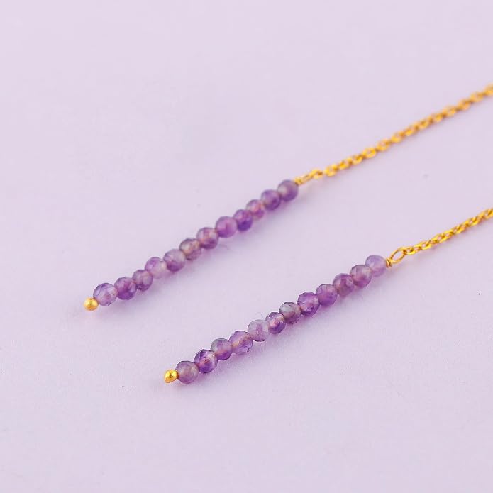 Natural Gemstone Threader Earrings for Women - Dainty 2mm Faceted Beads - Birthstone Crystal Drop Earrings - Silver Plated Healing Jewelry