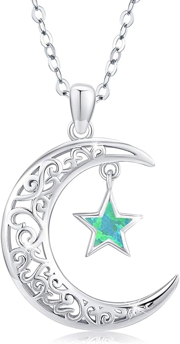 TRISHULA Moon Star Necklace, 925 Sterling Silver Crescent Moon Sun Pendant with Moonstone Crescent Jewelry Gift for Her Sister Birthday Christmas